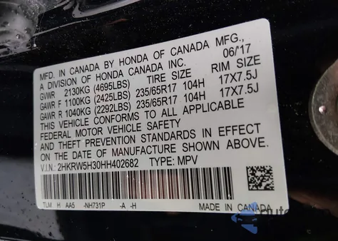 2017 Honda Cr-V Lx из США, поврежденный, VIN 2HKRW5H30HH402682